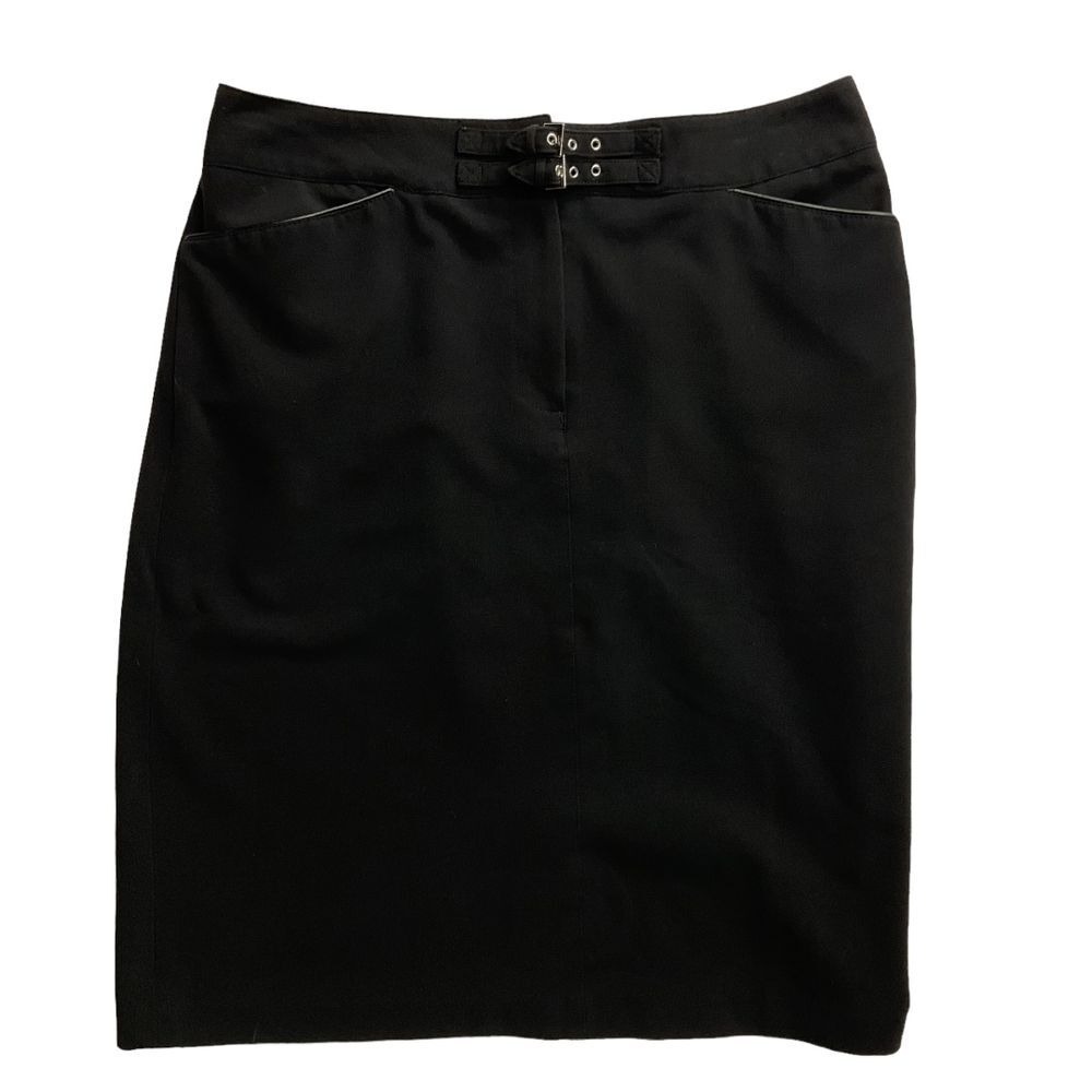 Larry Levine‎ Stretch Pencil Skirt Black Buckle Size 12 Classic Work Minimalist - Picture 9 of 16